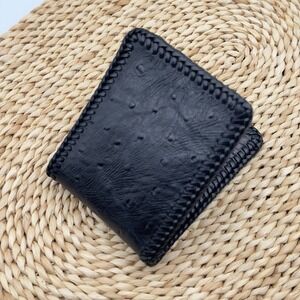 Genuine Ostrich Skin Reptile Slots Leather Bifold Men's‎ Handmade Black